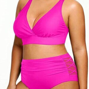 NWT Womens Pink Plus Size Bikini High Waisted Two Piece Bathing Suits SZ 26W